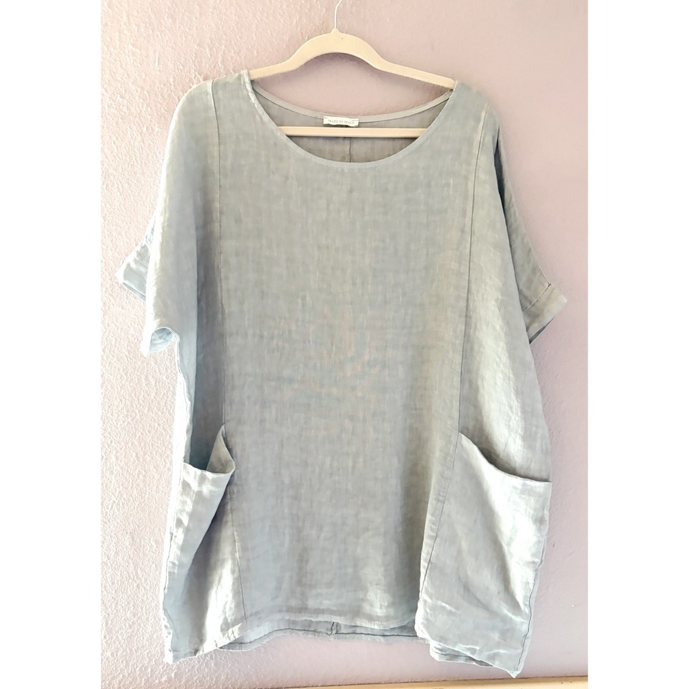 Made in Italy 100% Linen Grey Oversized Tunic Top with Pockets Lagenlook Boho